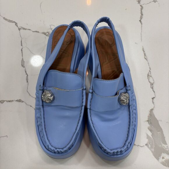 Ganni Loafers Womens Size 8 EU 38 Retro Slingback Platform Shoes Blue Leather - Picture 2 of 12